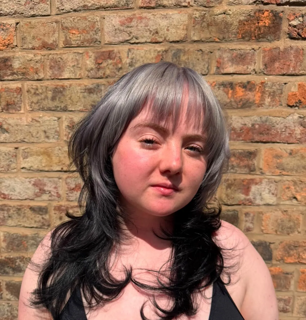 Silver curtain fringe and crown blending into long, choppy black layers