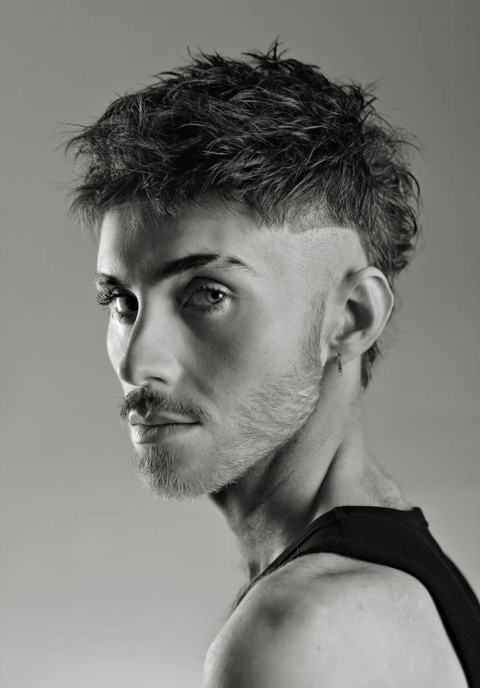 Messy textured crop with a skin fade and shaved part line, seen looking back over the shoulder